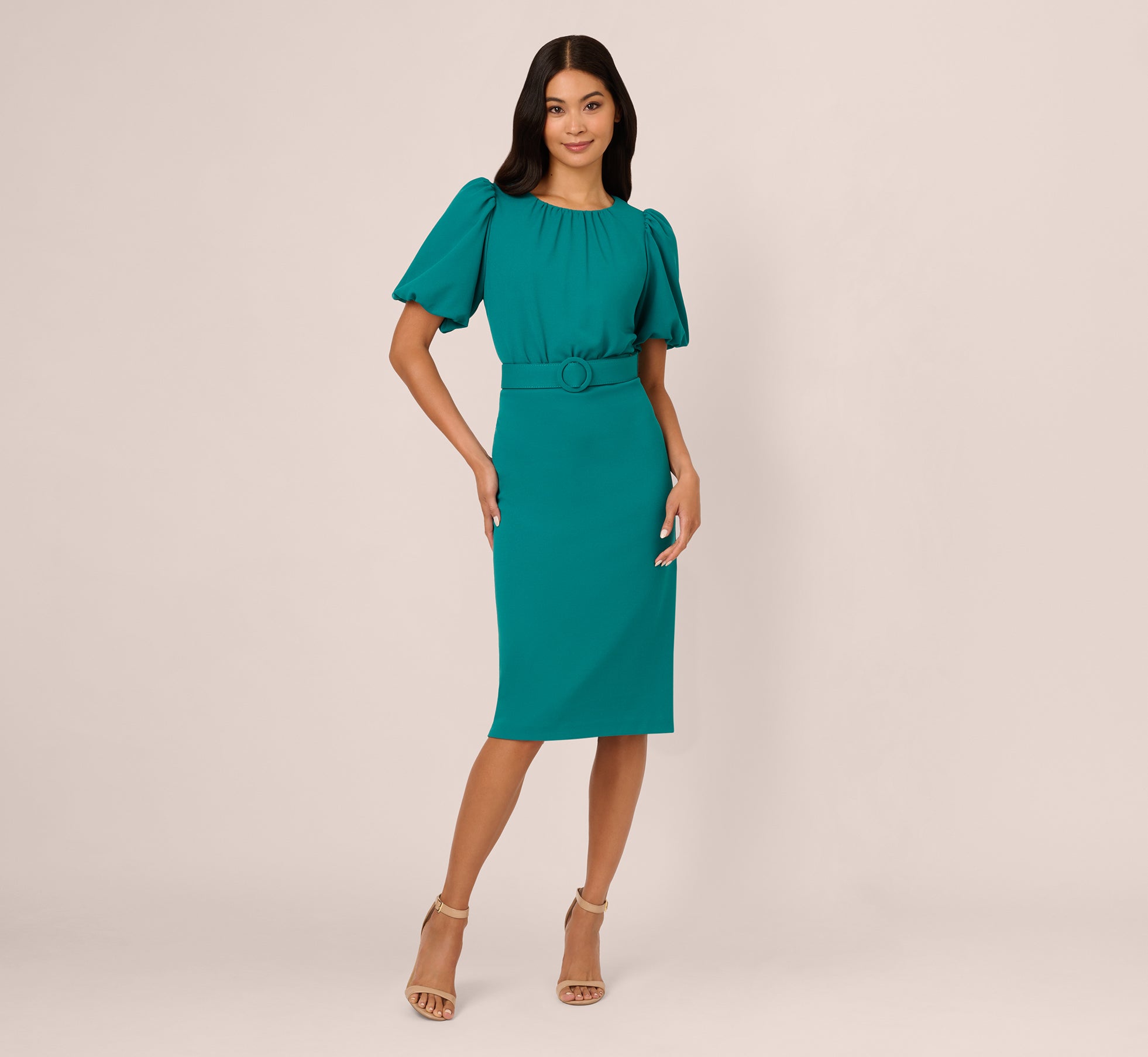 Crepe Bubble Sleeve Belted Dress In Tempo Teal 1