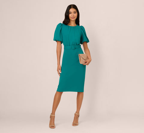 Crepe Bubble Sleeve Belted Dress In Tempo Teal