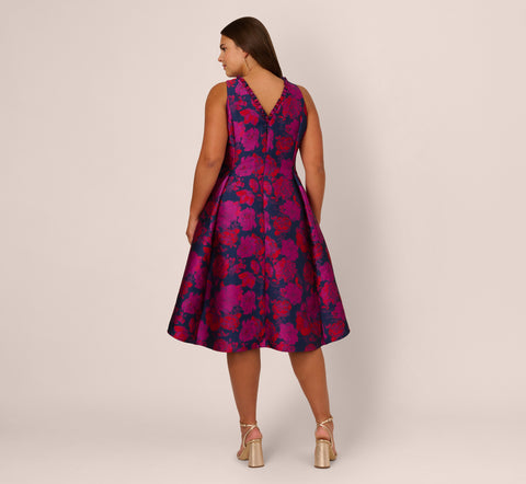 Plus Size Sleeveless Floral Jacquard Midi Dress With High Low Skirt In Navy Multi