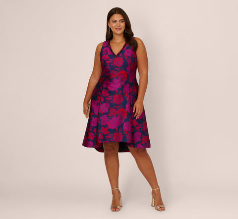 Plus Size Sleeveless Floral Jacquard Midi Dress With High Low Skirt In Navy Multi