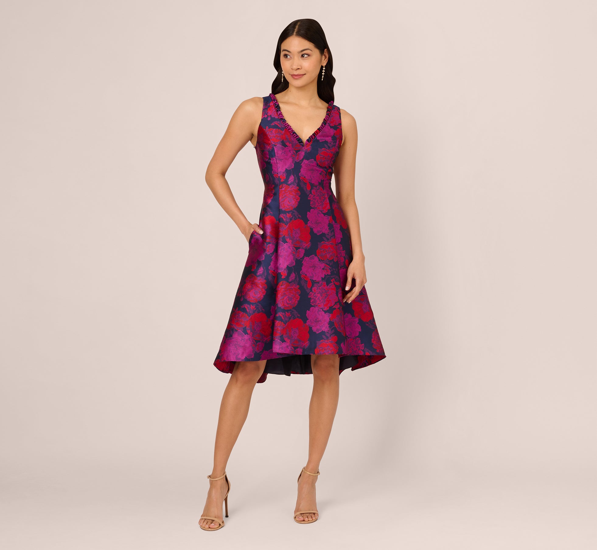 Sleeveless Floral Jacquard Midi Dress With High Low Skirt In Navy Multi 1