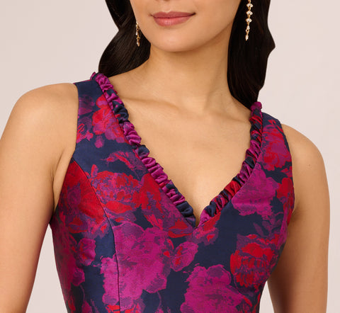 Sleeveless Floral Jacquard Midi Dress With High Low Skirt In Navy Multi