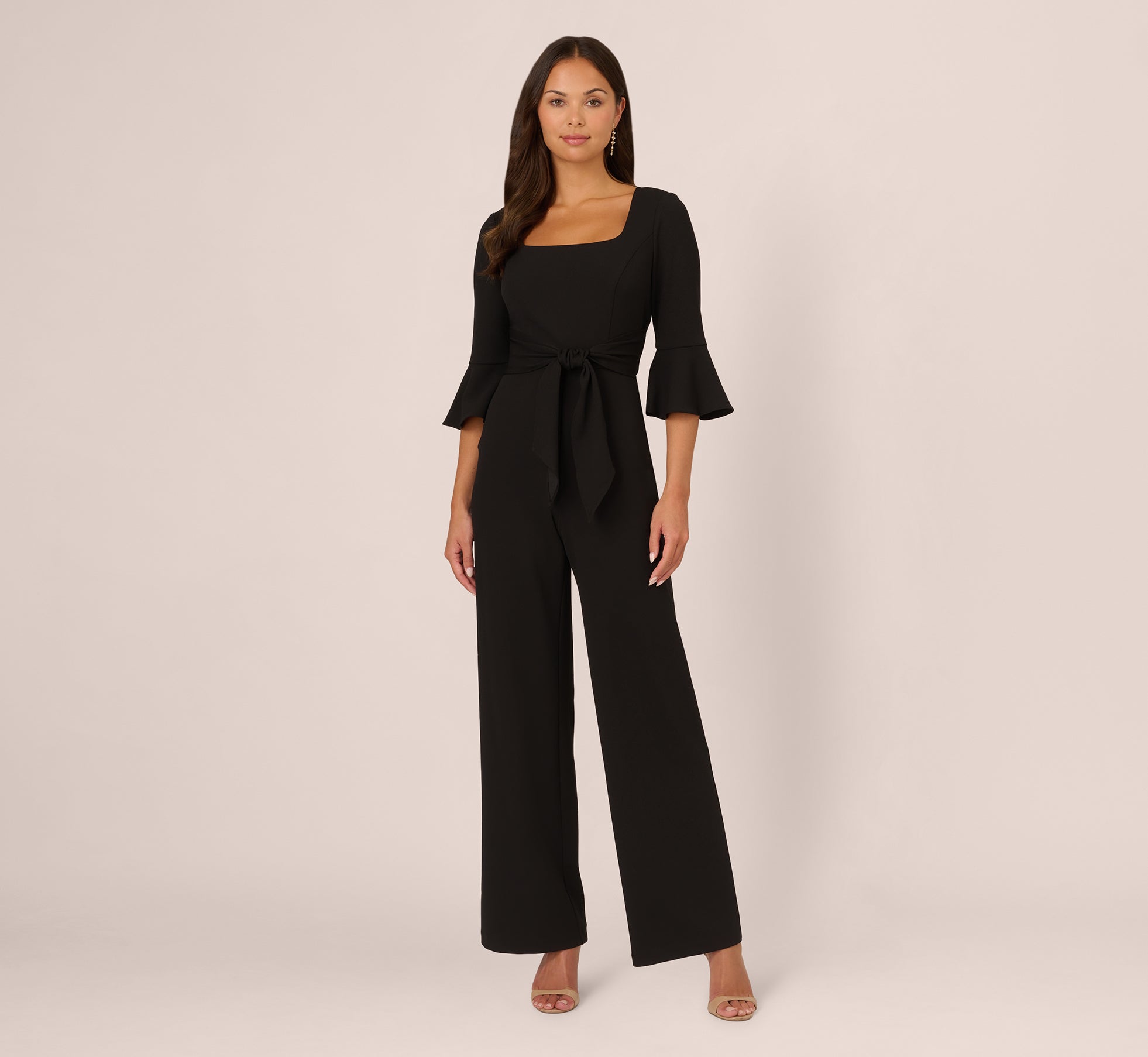 Knit Crepe Wide Leg Jumpsuit With Bell Sleeves In Black 1