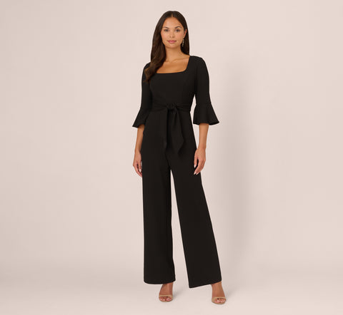 Knit Crepe Wide Leg Jumpsuit With Bell Sleeves In Black