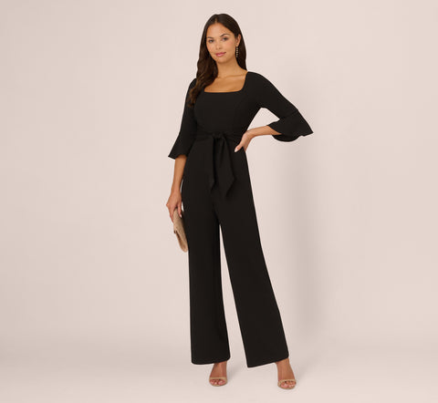 Knit Crepe Wide Leg Jumpsuit With Bell Sleeves In Black