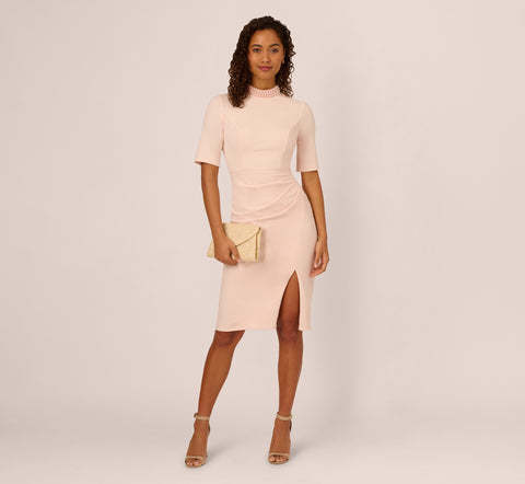 Embellished Short Sleeve Crepe Midi Sheath Dress In Joyful Blush