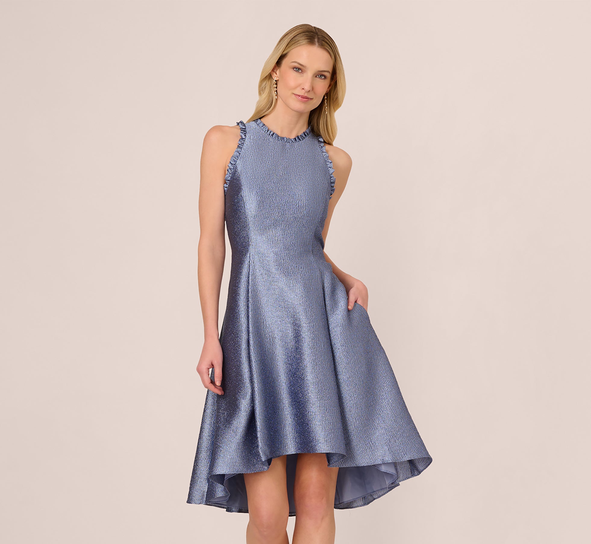 High Low Fit And Flare Crinkle Jacquard Dress In Spring Blue 1