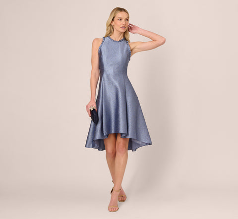 High Low Fit And Flare Crinkle Jacquard Dress In Spring Blue