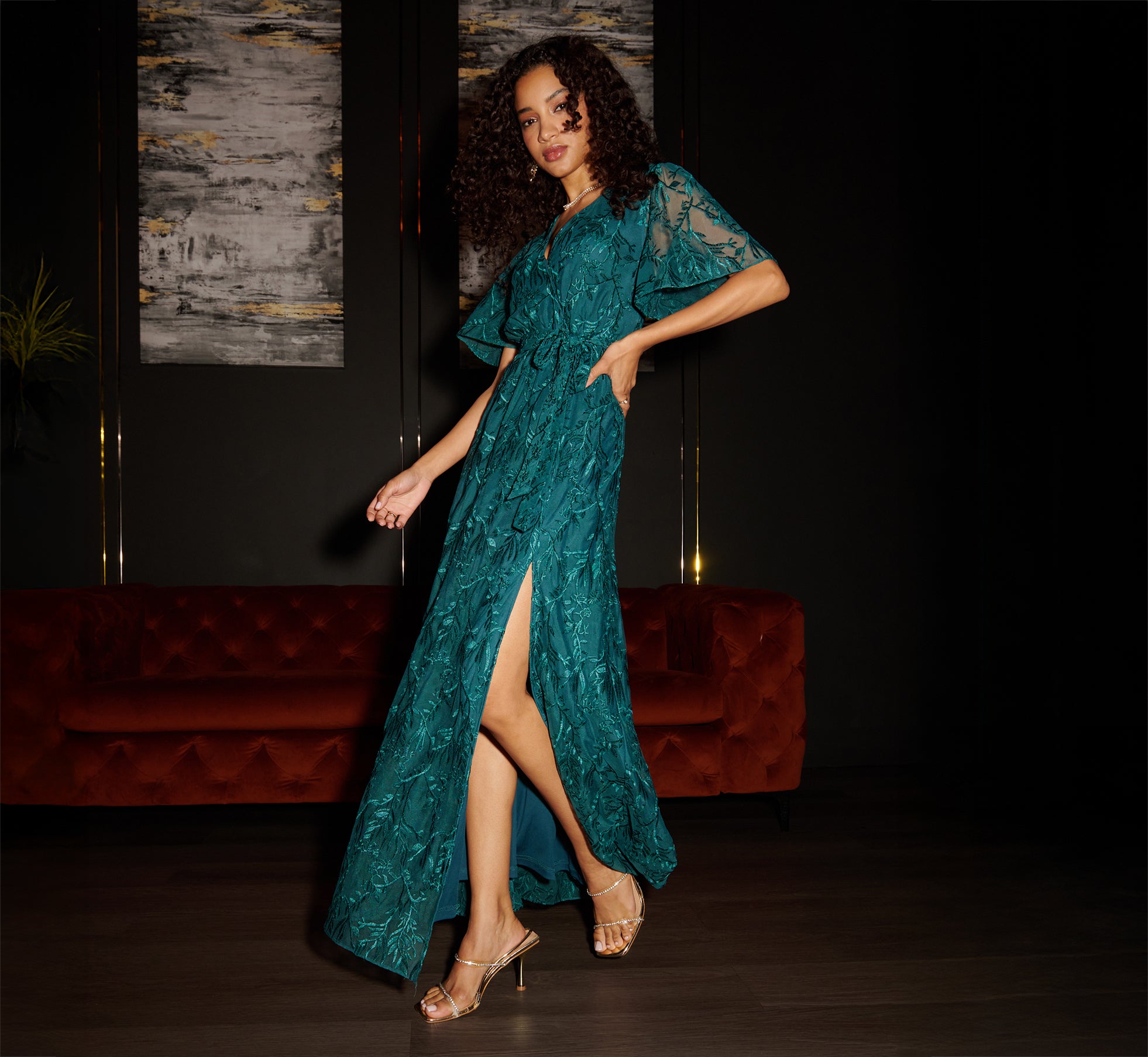 Embroidered Lace Maxi Dress In Hunter 1