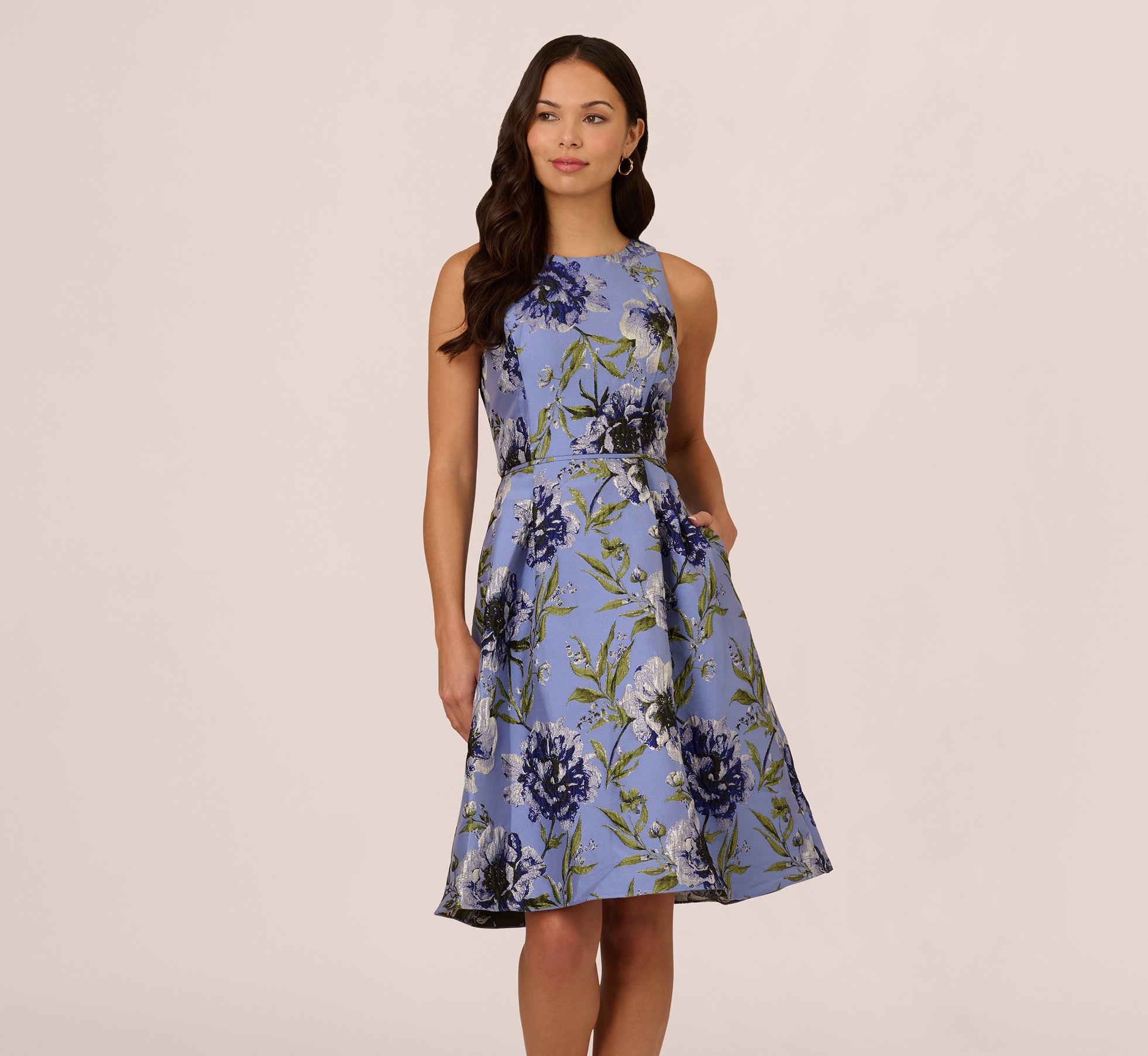 Sleeveless Jacquard Fit And Flare Midi Dress In Blue Multi 1