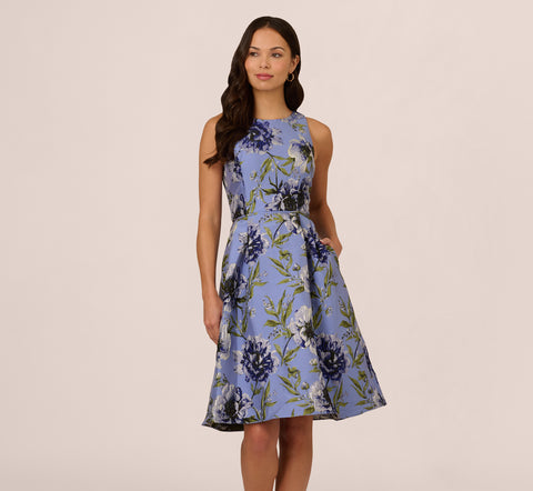 Sleeveless Jacquard Fit And Flare Midi Dress In Blue Multi