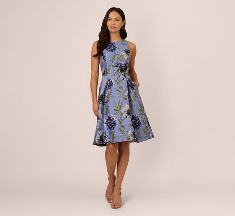 Sleeveless Jacquard Fit And Flare Midi Dress In Blue Multi