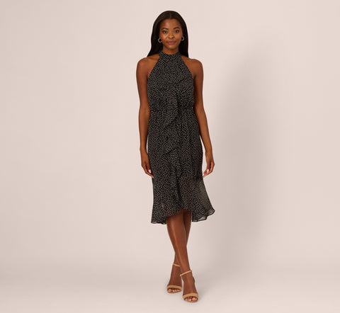 Shirred Dot Chiffon Midi Dress In Black Ivory