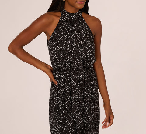 Shirred Dot Chiffon Midi Dress In Black Ivory