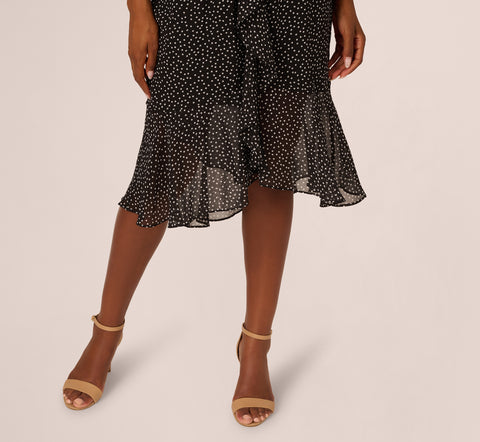 Shirred Dot Chiffon Midi Dress In Black Ivory