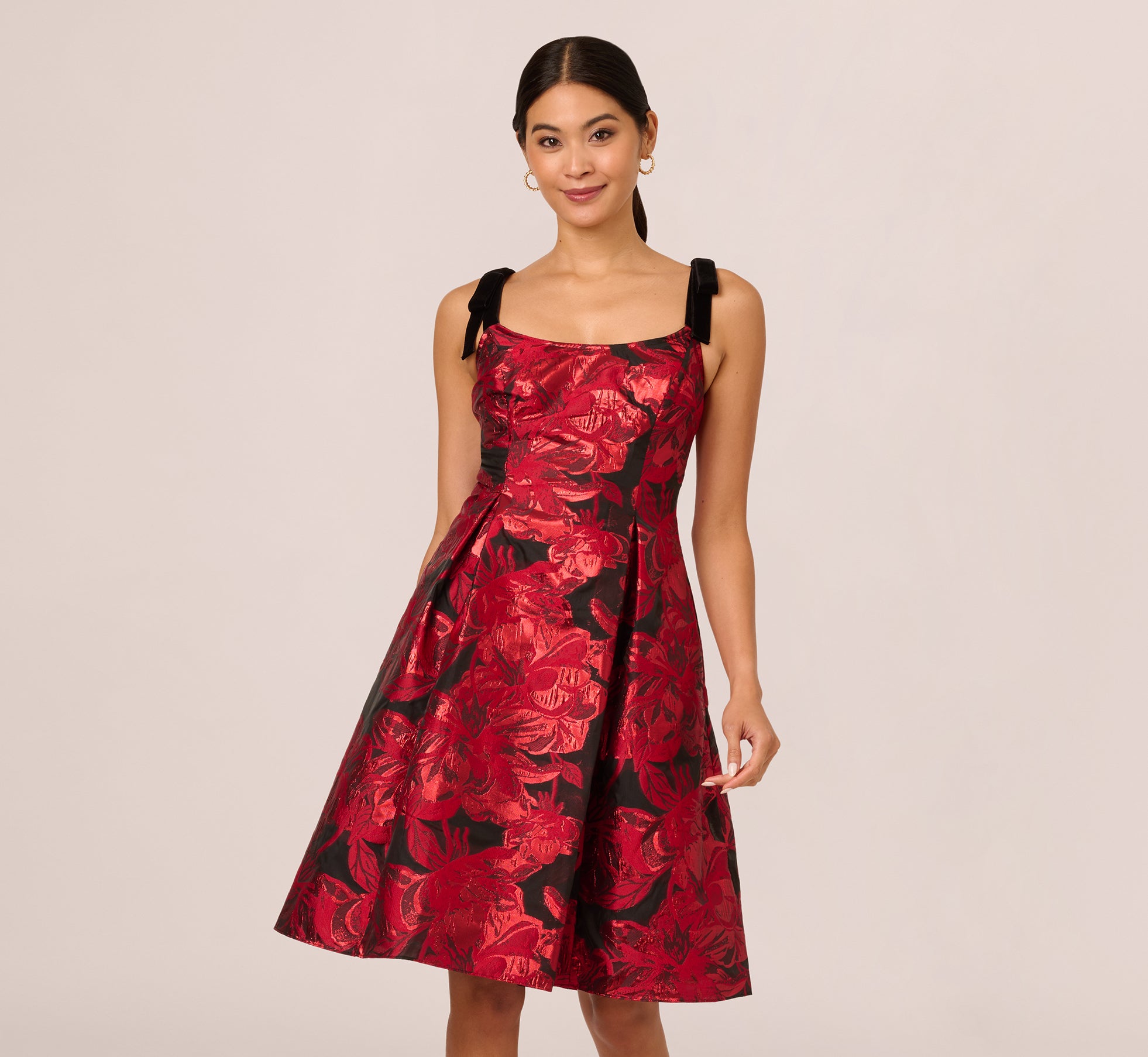 Bow Jacquard Short Dress In Black Red 1