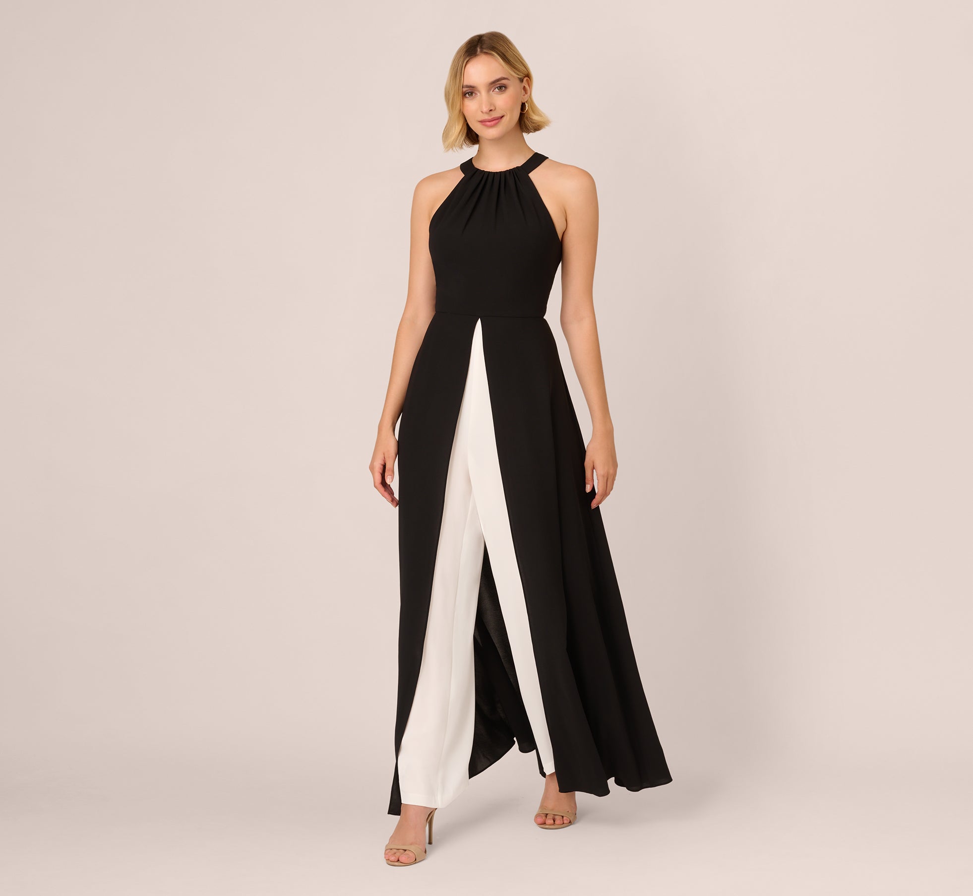 Halter Crepe Overlay Jumpsuit In Black Ivory 1