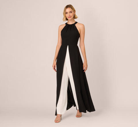 Halter Crepe Overlay Jumpsuit In Black Ivory