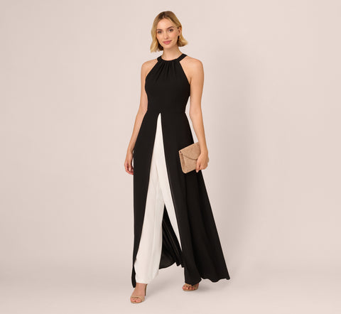 Halter Crepe Overlay Jumpsuit In Black Ivory