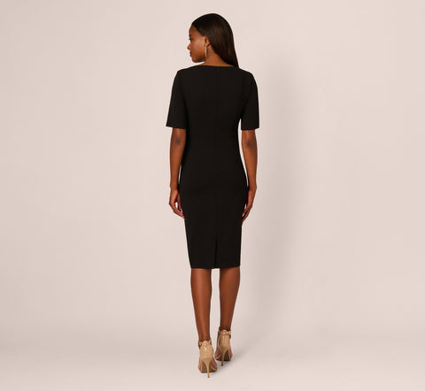 Three Quarter Sleeve Trapeze Dress With Ruffle Mock Neck In Black