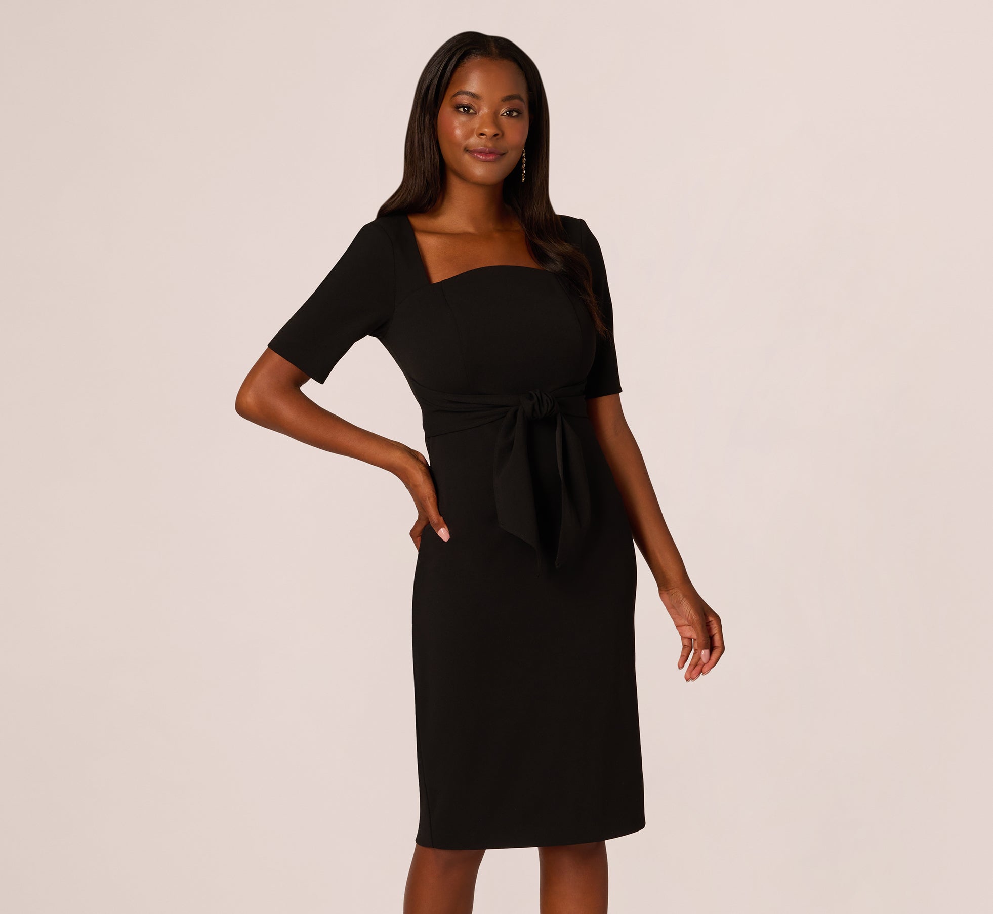 Three Quarter Sleeve Trapeze Dress With Ruffle Mock Neck In Black 1