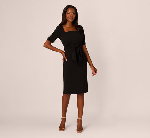 Three Quarter Sleeve Trapeze Dress With Ruffle Mock Neck In Black