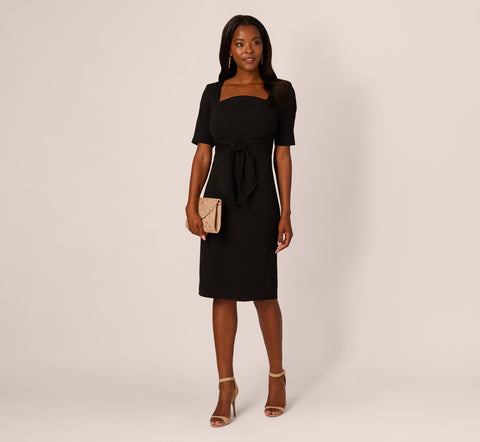 Three Quarter Sleeve Trapeze Dress With Ruffle Mock Neck In Black