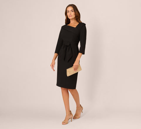 Knit Crepe Tie Front Sheath Dress In Black