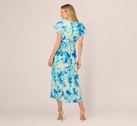 Flutter Sleeve Floral Chiffon Midi Dress In Blue Multi