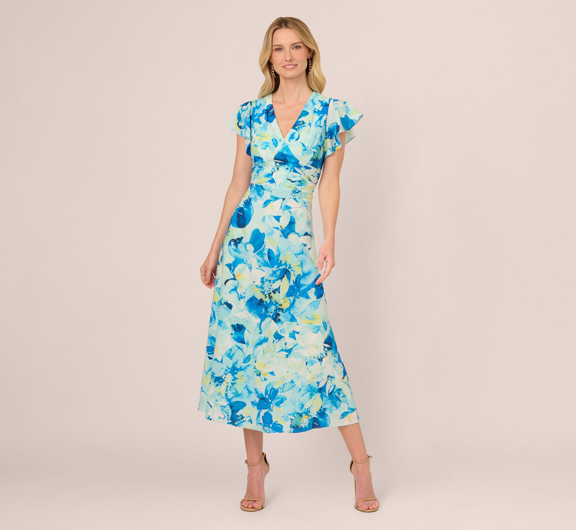 Flutter Sleeve Floral Chiffon Midi Dress In Blue Multi 1