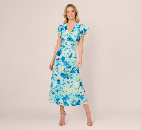 Flutter Sleeve Floral Chiffon Midi Dress In Blue Multi