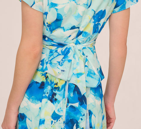 Flutter Sleeve Floral Chiffon Midi Dress In Blue Multi