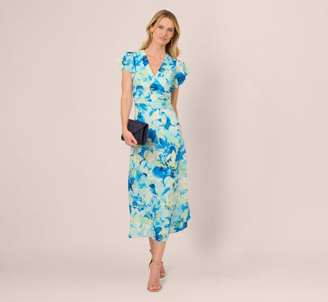 Flutter Sleeve Floral Chiffon Midi Dress In Blue Multi