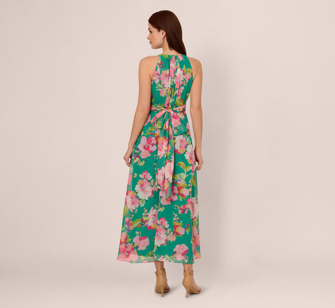 Floral Chiffon Halter Midi Dress In Green Multi