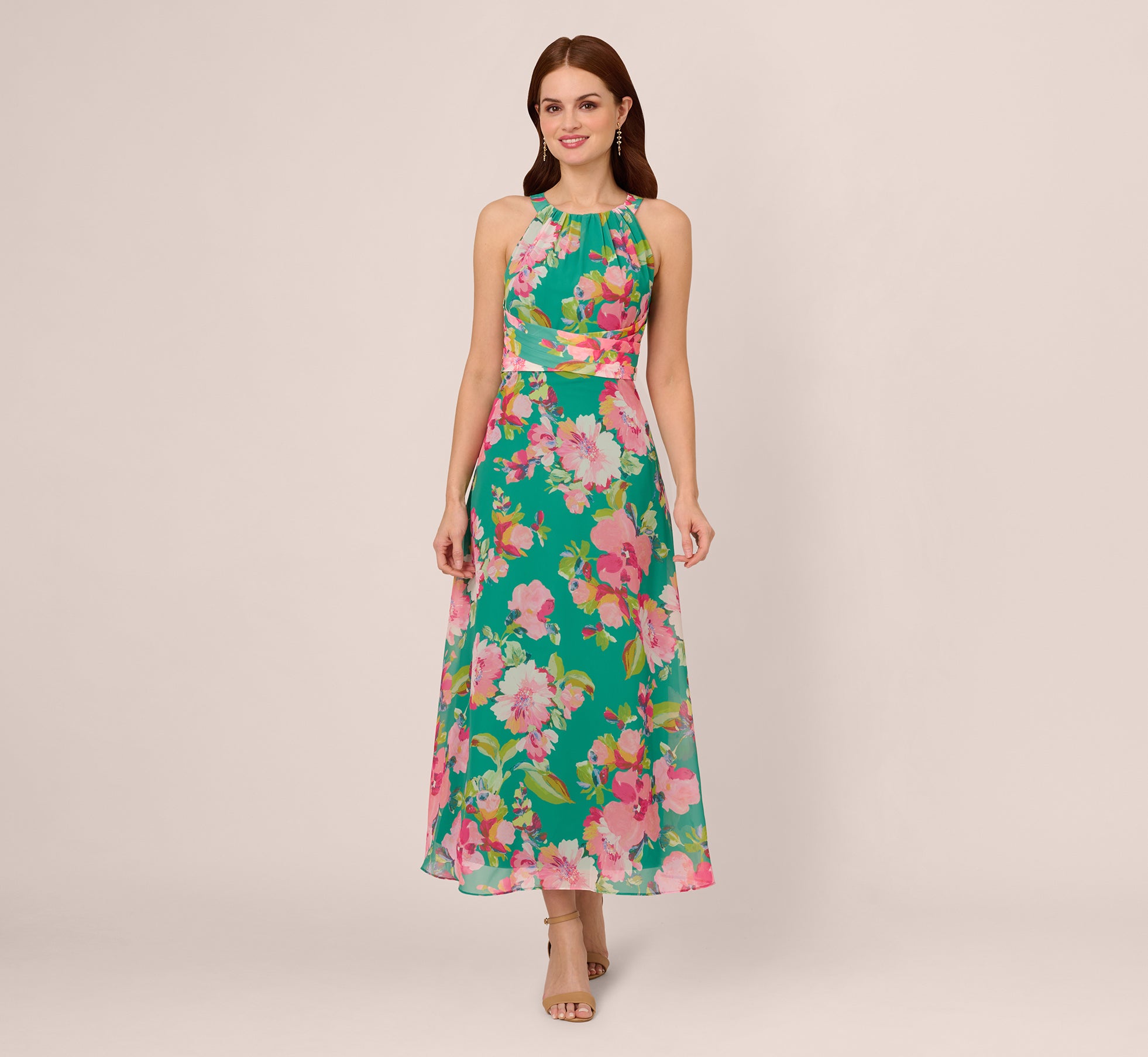 Floral Chiffon Halter Midi Dress In Green Multi 1