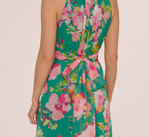 Floral Chiffon Halter Midi Dress In Green Multi