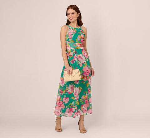 Floral Chiffon Halter Midi Dress In Green Multi