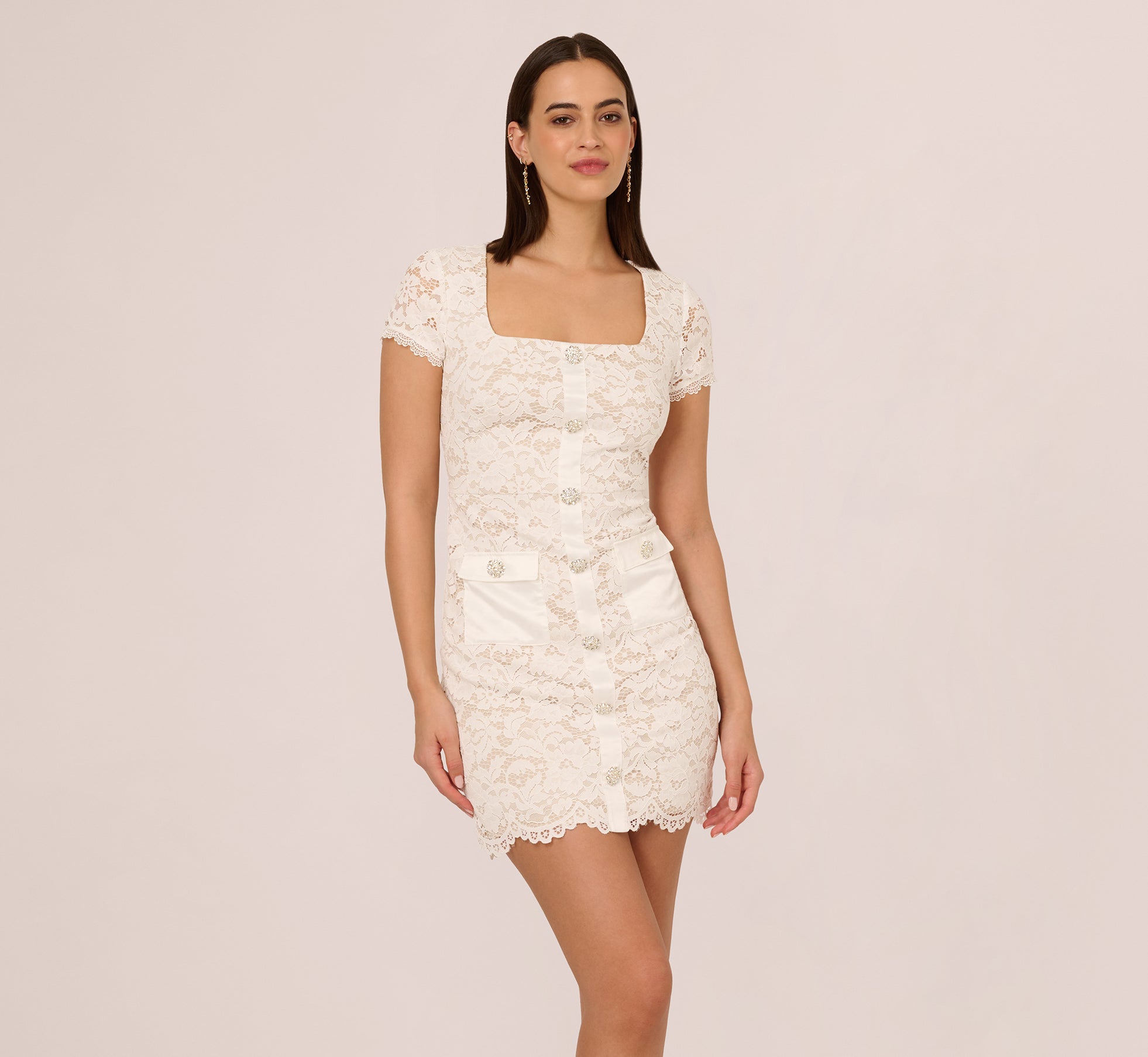 Cap Sleeve Rhinestone Button Lace Short Dress In Ivory 1