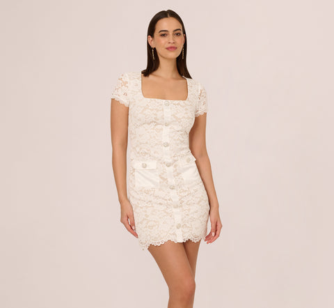 Cap Sleeve Rhinestone Button Lace Short Dress In Ivory