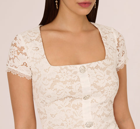 Cap Sleeve Rhinestone Button Lace Short Dress In Ivory