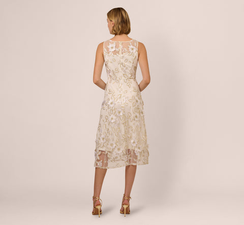 Floral Embroidery Illusion Midi Dress In Ivory Gold