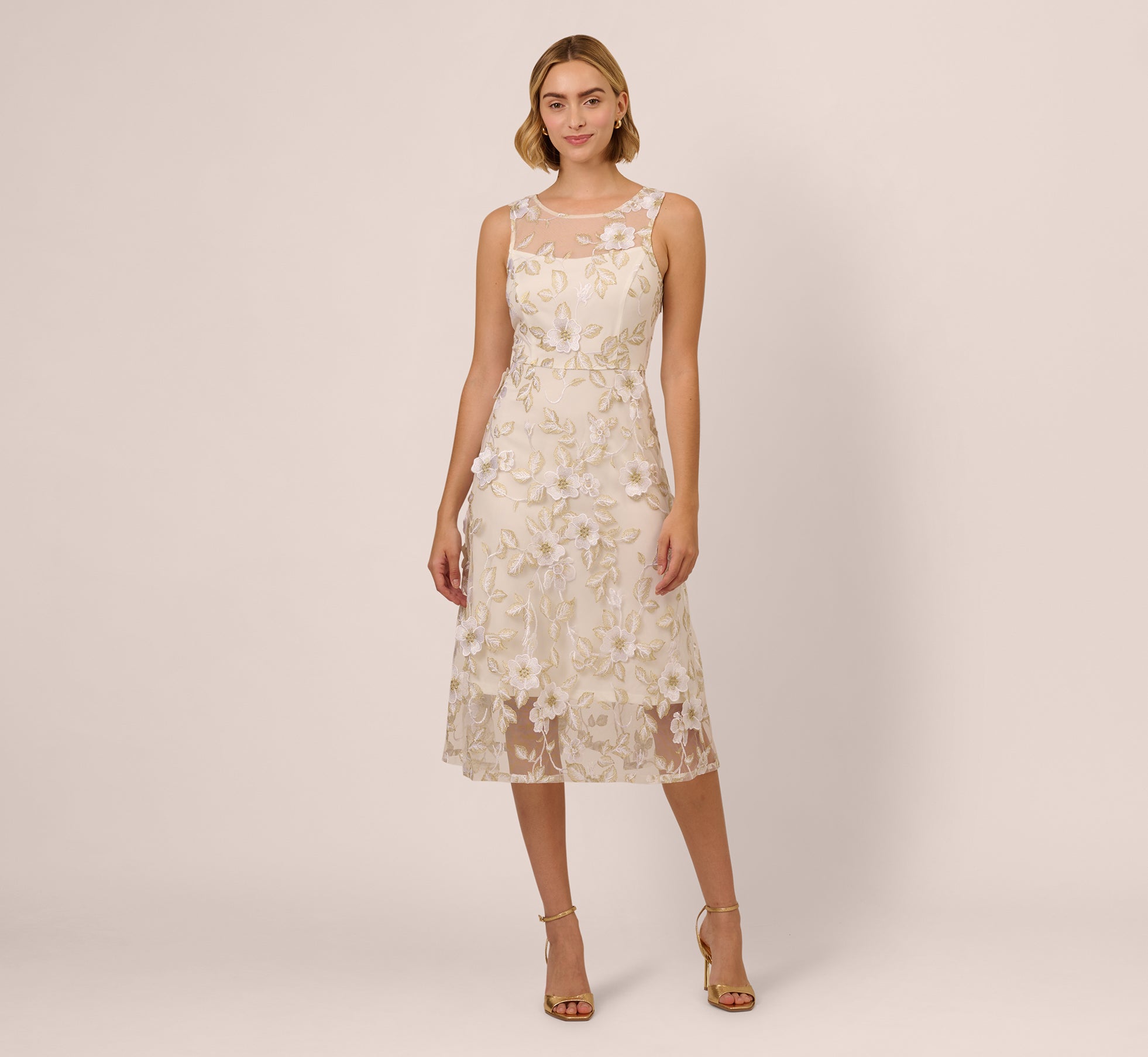 Floral Embroidery Illusion Midi Dress In Ivory Gold 1