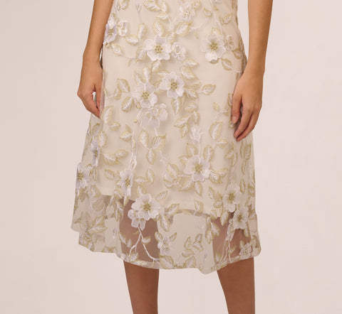 Floral Embroidery Illusion Midi Dress In Ivory Gold