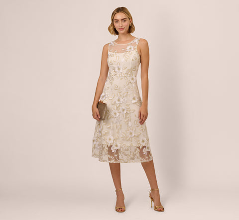 Floral Embroidery Illusion Midi Dress In Ivory Gold