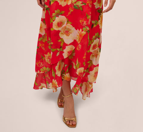 Printed Chiffon Mock Neck Ankle Dress In Coral Multi