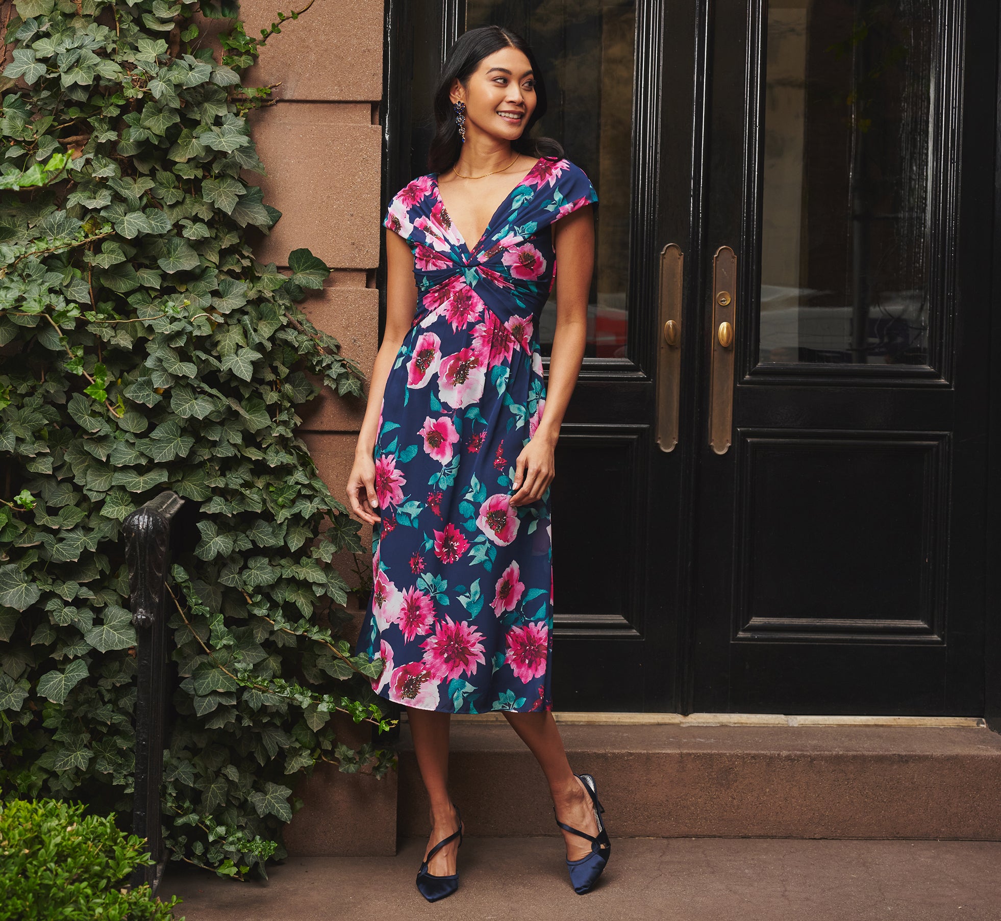 Cap Sleeve Floral Chiffon A Line Midi Dress In Navy Pink Multi 1