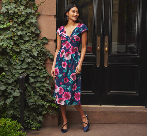 Cap Sleeve Floral Chiffon A Line Midi Dress In Navy Pink Multi