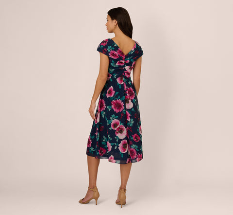 Cap Sleeve Floral Chiffon A Line Midi Dress In Navy Pink Multi