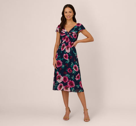 Cap Sleeve Floral Chiffon A Line Midi Dress In Navy Pink Multi