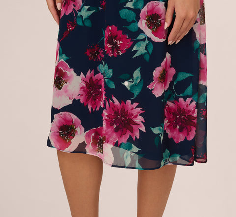 Cap Sleeve Floral Chiffon A Line Midi Dress In Navy Pink Multi